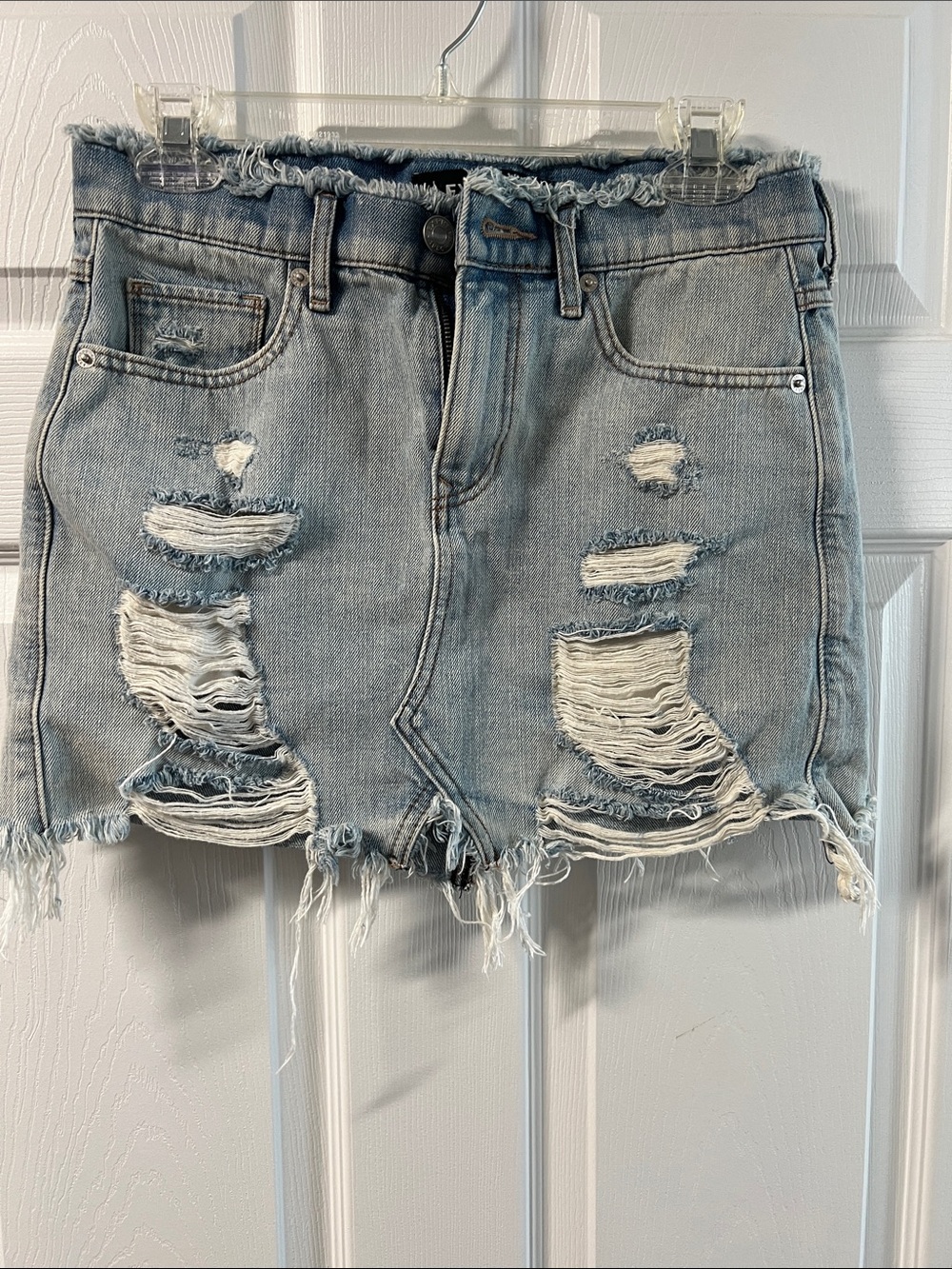 Express Light Blue Distressed Denim Mini Skirt